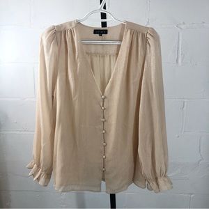 1State Gold Metallic V-Neck Blouse Size M Long Sleeve NWOT